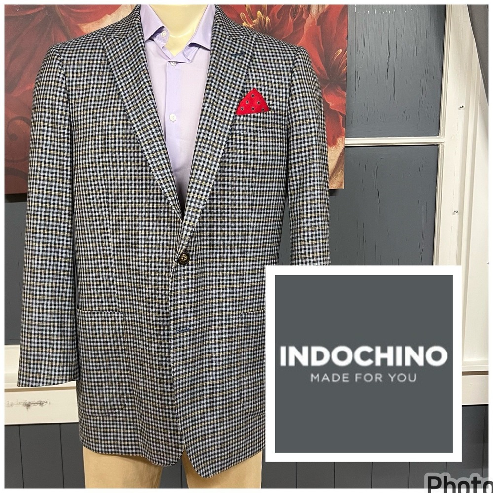 Indochino Custom Blazer Sport Coat Mens 46R Tailored Navy/Blue/yellow Soft Knit